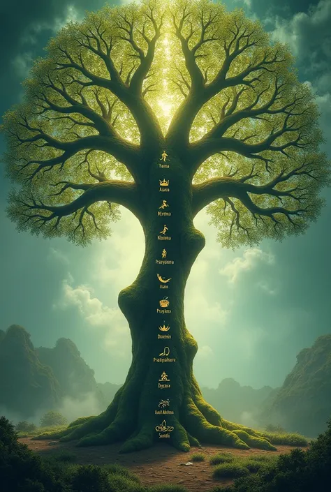  tree with the eight limbs branching out and name the limb Yama, Niyama, Asana, Pranayama, Pratyahara, Dharana, Dhyana, Samadhi respectively 
