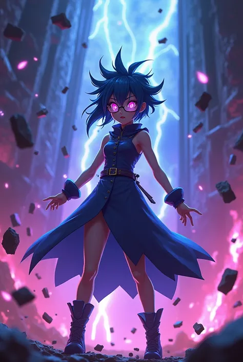 Very minimalistic, dynamic scene with a female character, bright purple eyes, glasses, blue hair, dress, chaos, everything in purple flames, demonic, light, glow, spiky hair, anime, darkness, fragments of fire, fire rain, thunderstorm, blue flame in the ba...