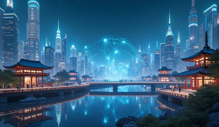 "A futuristic cityscape with traditional Japanese elements, glowing stars above, and people connecting through holographic interfaces"