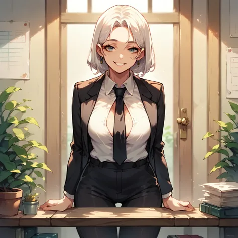 throw, white woman in a black suit and black tie, She is opening the door of an office with documents in her hands., She has a smile on her face 