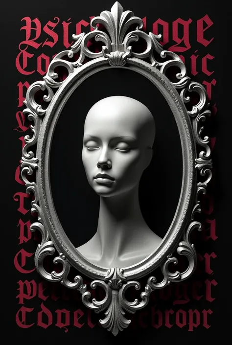 make a black t-shirt print with a window-shaped mirror in rococo style, silver color, with the interior reflecting only the head and neck of a mannequin so as to almost fill the entire mirror. Behind this mirror the writing "psychology" filling the entire ...