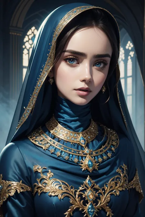 portrait Lily Collins, wearing hijab made of blue with jewelry and diamonds costume, against the background of Burj Khalifa, character portrait, 4 3 9 0 s, wavy hair, intricate, elegant, highly detailed, digital painting, artstation, concept art, smooth, s...