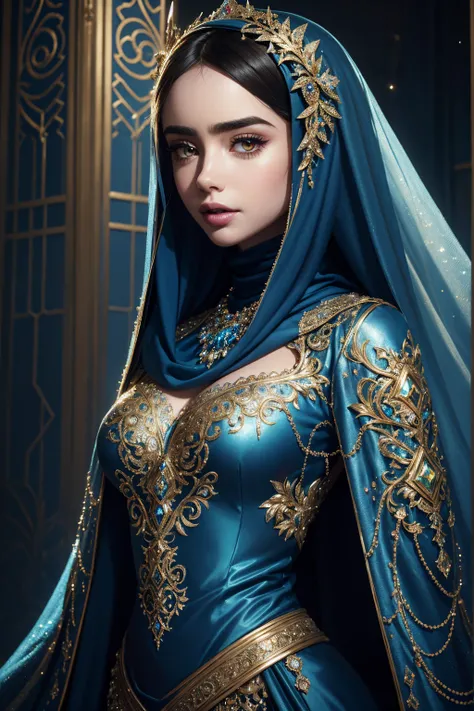 portrait Lily Collins, wearing hijab made of blue with jewelry and diamonds costume, against the background of Burj Khalifa, character portrait, 4 3 9 0 s, wavy hair, intricate, elegant, highly detailed, digital painting, artstation, concept art, smooth, s...