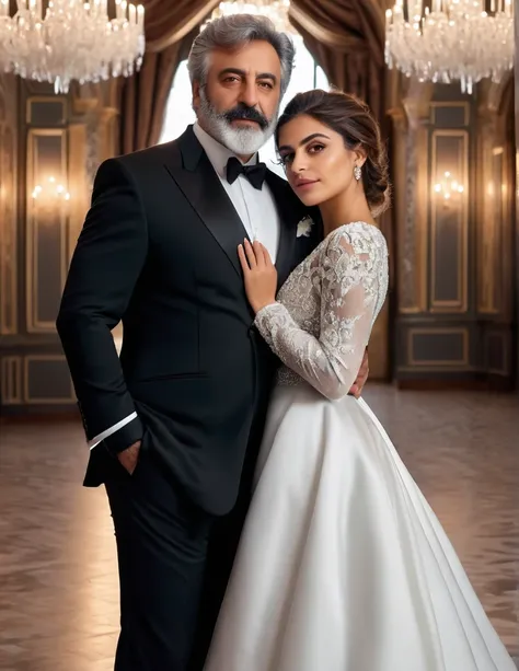 (fullbody photo:2.0) of father and daughter embracing in a ballroom: (a 25-year-old iranian woman, brown skin, triangular shaped face, brown eyes, long wavy hair, dark brown hair, busty, wearing a white winter wedding dress, long sleeves), embracing (a bur...