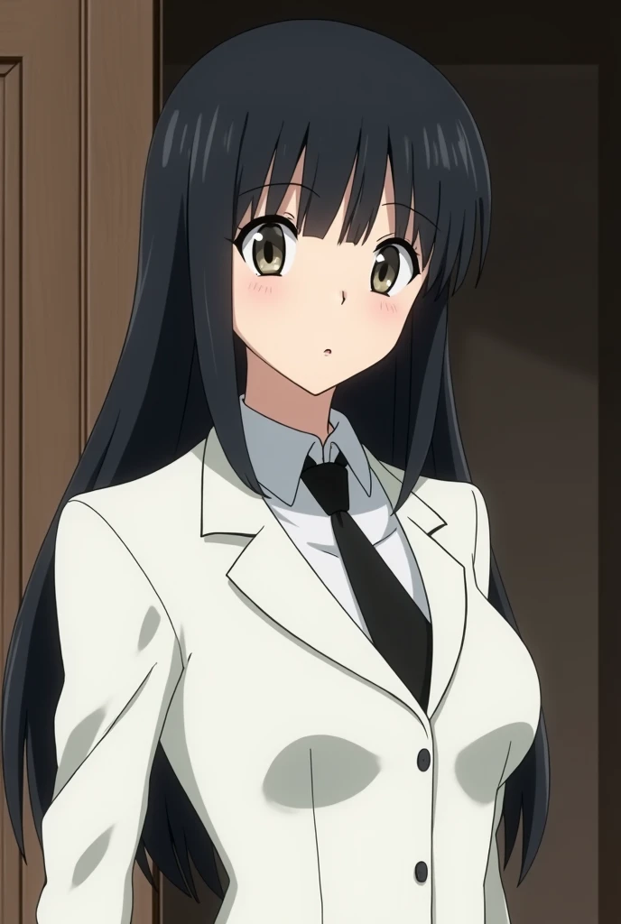 An old anime girl, serious with black hair, eyes black, skin fair, white suit and white blouse with a black tie and the background is her house.