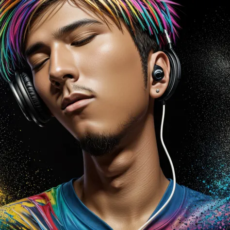 a young man with headphones, eyes closed, listening to music, colorful spray paint background, intricate details, realistic, photorealistic, high resolution, masterpiece, oil painting, vivid colors, dramatic lighting, extremely detailed face and eyes, beau...