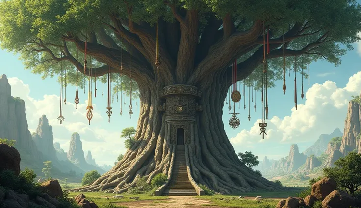 "A giant tree with roots spreading across a new planet, its branches adorned with symbols of various cultures and traditions"