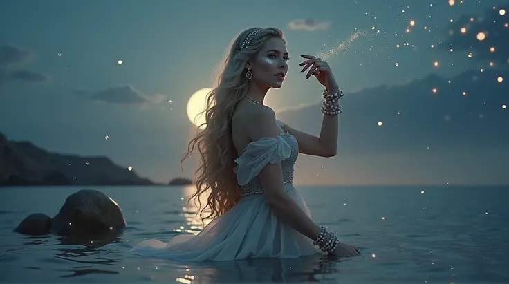 A hyperrealistic image of a woman embodying the zodiac sign of Cancer. Her hair is long and wavy, with makeup that evokes the mystique of the sea: silvery shadows on her eyelids that mimic the moons reflection on the water and small star-shaped crystals on...