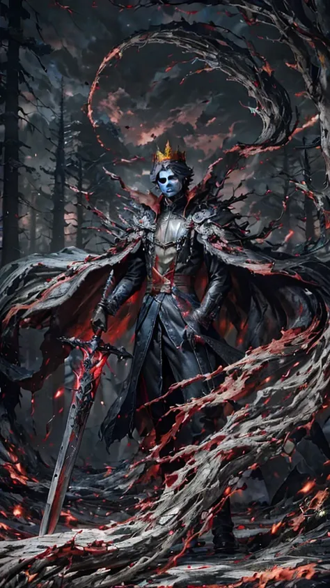 a man standing, in a forest with leafless trees. Wearing a dark coat, with red details and wears a crown on his head. From the body and arms emanate dynamic swirls of blood, that create an almost circular pattern around him. The pools of blood seem to eman...