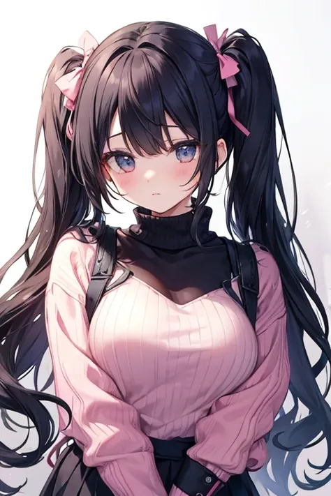 Black Hair、Twin tails、Around 18 years old、A pink high-neck sweater with vertical stripes、Slightly larger breasts