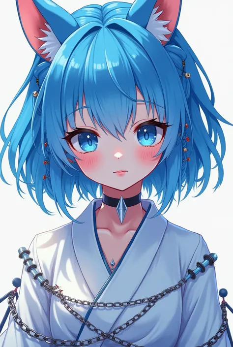 Young, anime-style, cool, slightly fluffy personality, blue color scheme, white kimono, chains attached to clothing, many piercings in ears 