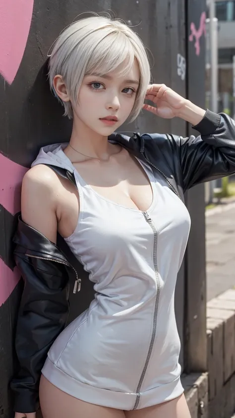 masterpiece, highest quality, Super detailed, 8k, Photorealistic, One girl, alone, Tomboy, Super detailed face, (head shot:1.5), Standing against a wall covered in hip-hop graffiti, White hair color with pixie cut, He is wearing a short tank top and an unz...