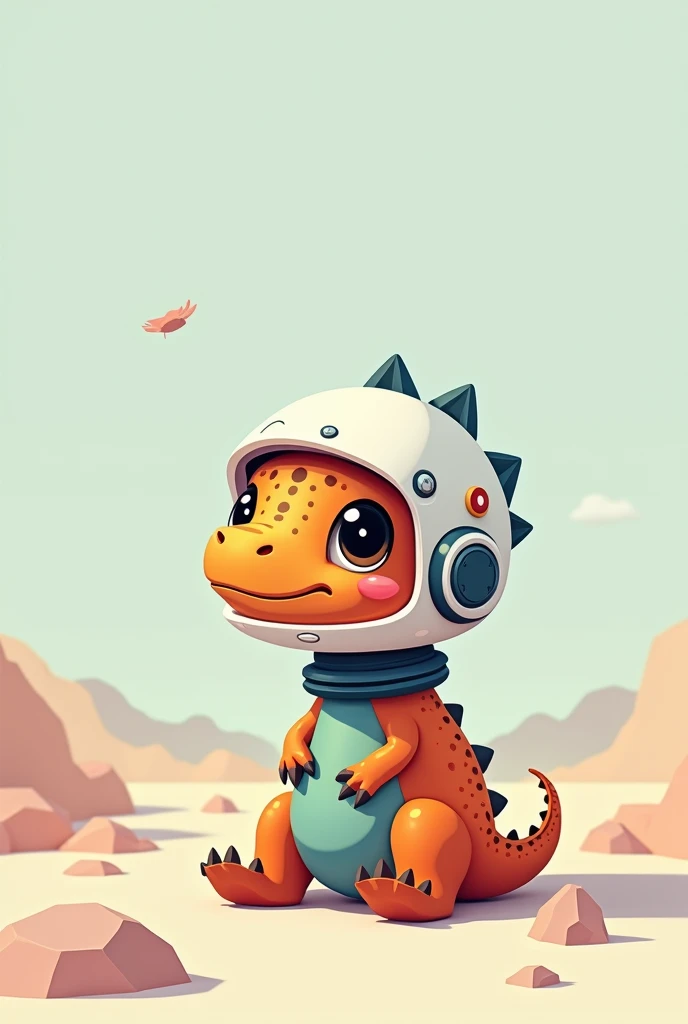 cute and small dinosaur wearing a helmet sitting on a minimalist world
