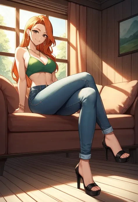 score_9, score_8_up, score_7_up, score_6_up, score_5_up, score_4_up, source_anime, 1girl, orange hair, solo, long hair, jewelry, brown eyes, smile, earrings, covered shoulders, (complex detailed background, inside, room environment, wooden walls, window, l...