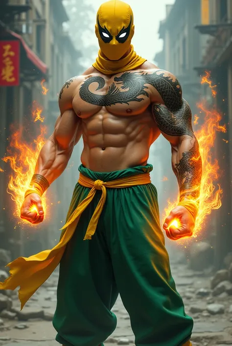 1man, shirtless, martial arts, yellow ninja half head mask, white eye patterns with black outline, muscular, green costume, yellow belt and boots, burning fists, black dragon tatto shapes into a circle, mystical city background