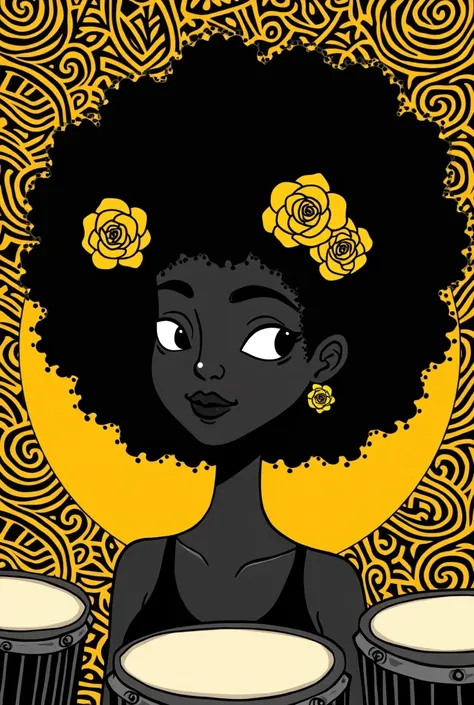 Cartoon silhouette of a black woman&#39;s face with curly hair and yellow roses in her hair, with drums around his face and the background being the image of the vueltiao hat in black and yellow