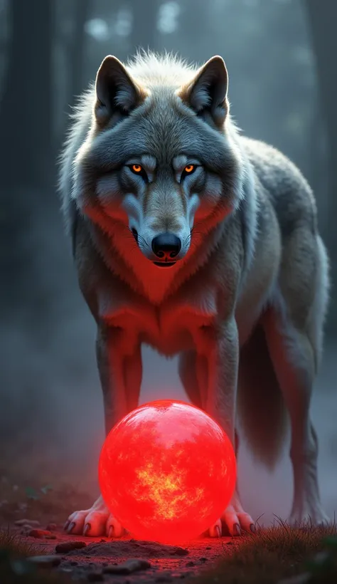 Realistic wolf and a red orb in one picture 
