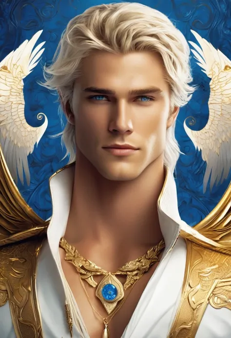 Of course!  
Eragon: Tall, athletic, muscular physique, lean and handsome face, pure golden eyes, long white wavy hair with a small bun, white and golden with blue edges wings, fair skin, and a white, tight leather outfit with golden patterns and details. ...