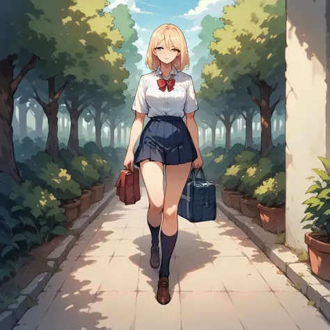 super beautiful blonde schoolgirl, walking in the school hallways