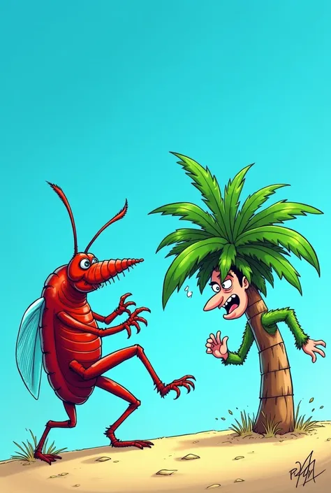 A wicked Rhynchophorus ferrugineus chasing a person disguised as a scared palm tree against a sky blue background, everything as if it were a cartoon