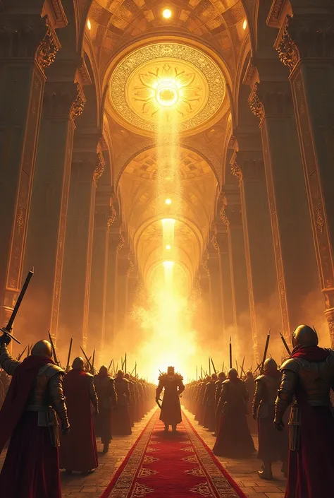 
Create an image of Valhalla, the grand hall where warriors who die with honor in battle are taken in Norse mythology. The hall should be magnificent, with towering walls and golden roofs, set against a vivid sunset or glowing in an ethereal light. Warrior...