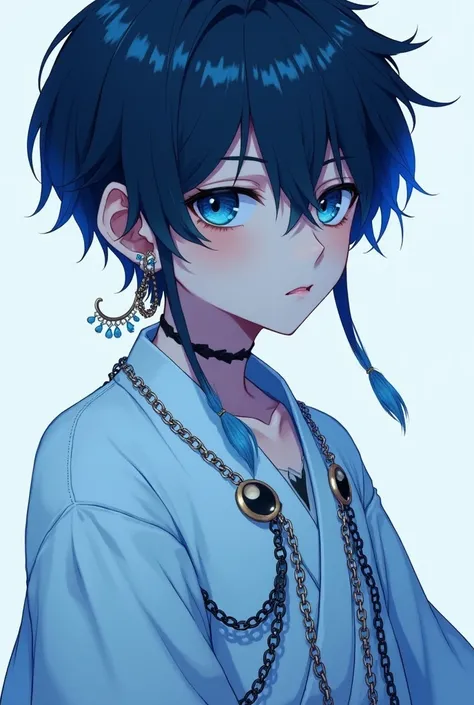 A young boy, anime style, cool, blue color scheme, wearing a white kimono with chains attached. He has many piercings in his ears and is facing forward.