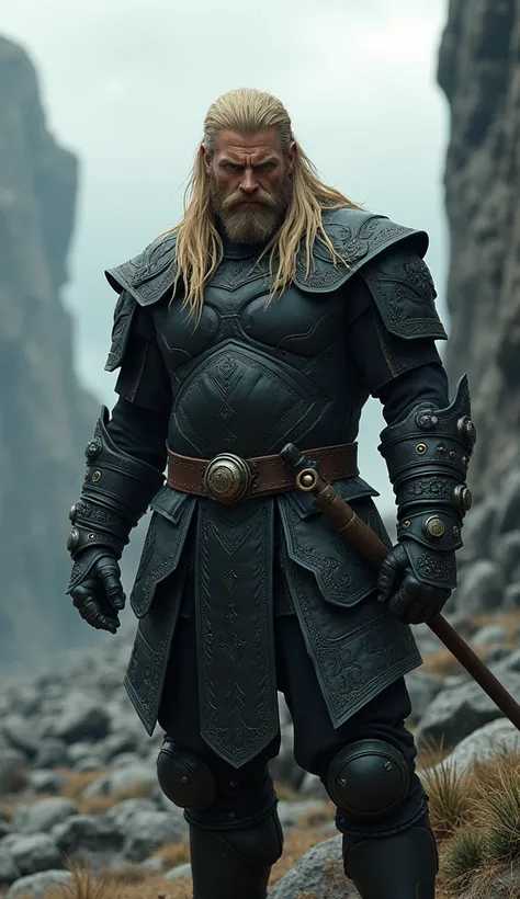 realistic blonde  badass angry warrior viking   with  black Armor 