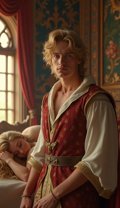 "A blonde prince is taking a selfie in a luxurious medieval hall. Beside him, A blonde princess is sleeping, He looks at the camera. The AI-generated image should be the selfie the prince is taking, showing the scene as if captured by the princes smartphon...