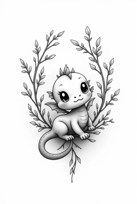 A tattoo template with a baby dragon with wings that looks cute and is winding along branches with leaves from above and hissing where you can see teeth, the whole thing in black and white but rather lighter than dark 