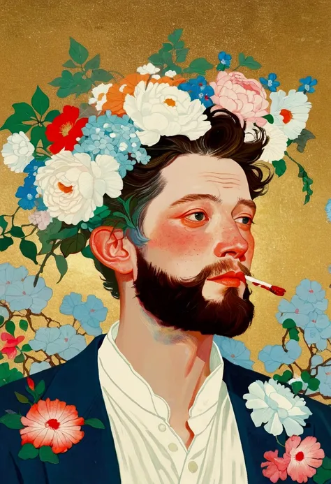 There is a man with a beard in the painting、Man wearing a flower crown, Fantastic portrait, Norman Rockwell and James Jean, Juster Battle, james gien style, style of james jean, 灵感来自詹姆斯·Christensen, James Jean (James Jean) of inspiration, By Jacka Kemp, Gr...