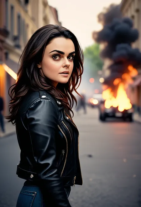 cool movie featuring a young woman, Preity Zinta, black hair, black leather jacket, jeans, fire, smoke, shallow depth of field, vignette, very detailed, big budget, bokeh, cinemascope, moody, epic, beautiful, film grain, grainy
running with heavy breath. H...