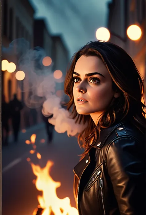 cool movie featuring a young woman, Preity Zinta, black hair, black leather jacket, jeans, fire, smoke, shallow depth of field, vignette, very detailed, big budget, bokeh, cinemascope, moody, epic, beautiful, film grain, grainy
running with heavy breath. H...