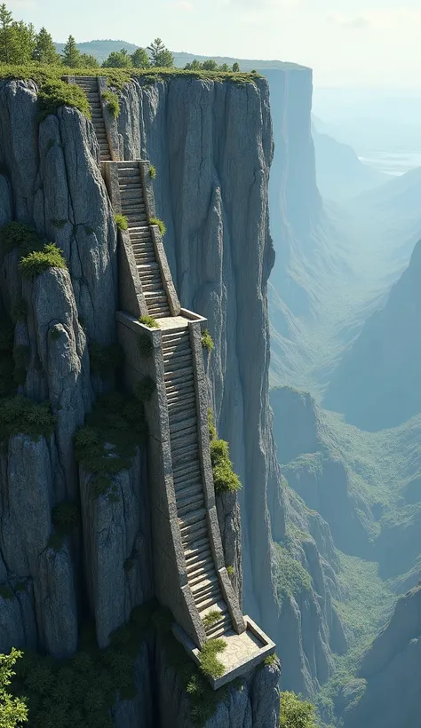 create a realistic staircase on top of a cliff, a staircase comes out of the cliff, the image is extremely realistic, taken with an 8k camera.