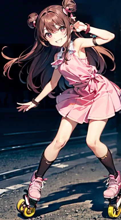 Highest quality、middle School girls、((Dark brown long hair、Two Side Up))、(((High resolution、Pink four-wheeled rollerblades、Knee and elbow protectors)))、Knee-length skirt、smile、Cheerful pose、Round droopy eyes