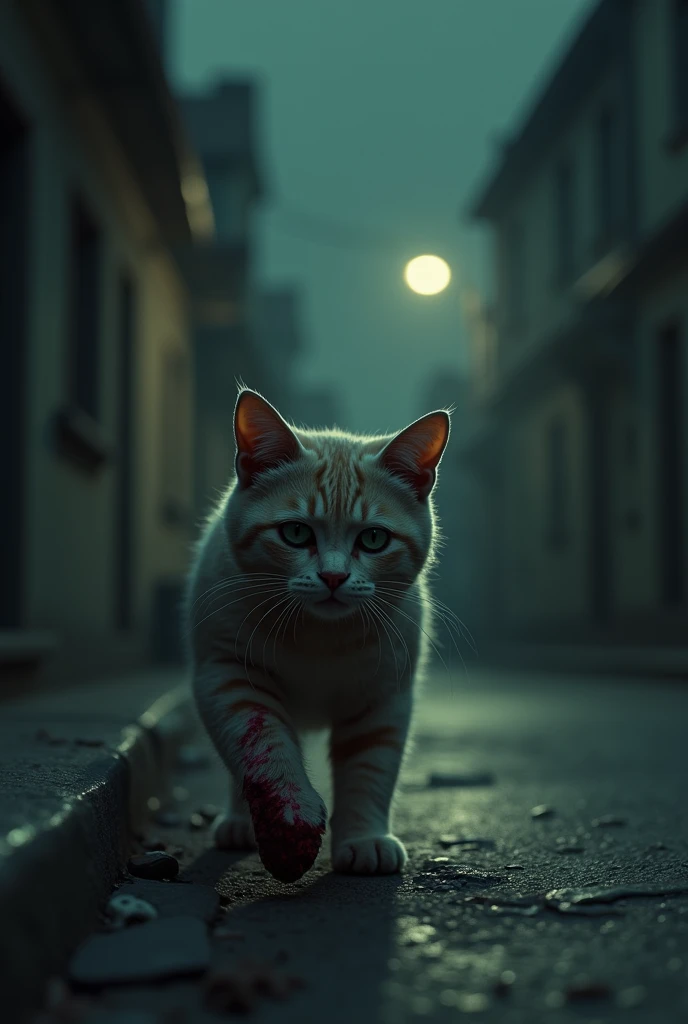 The cat is limping down a quiet street, with visible injuries, especially on its right front paw, which is wrapped in a cloth stained with blood. Its face shows pain, and the background features a silent street with dim streetlights.