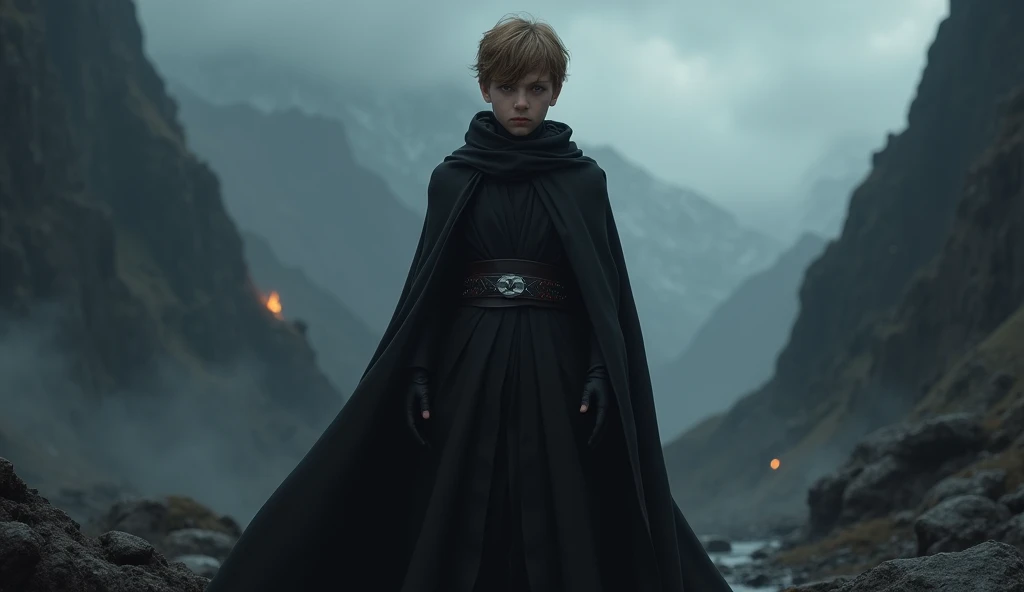 a high-fantasy horror, dark lord, a teenager boy with light brown short hair and golden eyes, sith lord, A boy wearing a black long cloak, dark mountains, frontal