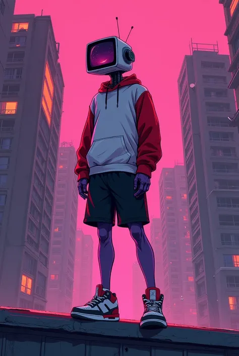 Creates a calm, dark portrait in a comic book style. The scene shows a humanoid robot, bathed in a saturated pink light, sitting on a roof of a futuristic city that can be seen in the background. His outfit is a white sweatshirt with red sleeves, black sho...