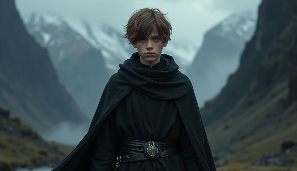 a high-fantasy horror, dark lord, a teenager boy with light brown short hair and golden eyes, sith lord, A boy wearing a black long cloak, dark mountains, frontal, tonifivado