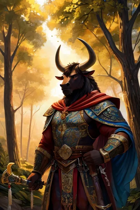 A majestic minotaur bard stands tall in a medieval fantasy setting. He is a towering figure with a muscular, bull-like physique, covered in dark, earthy brown fur. His eyes are bright blue, exuding a gentle yet confident aura. He wears a finely crafted lea...