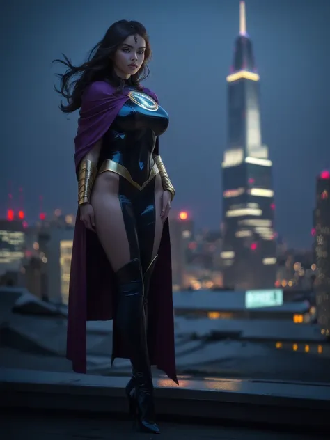 two women in superhero costumes standing on a rooftop at night, purple and white cloak, shrew, queen of ice and storm, black and...