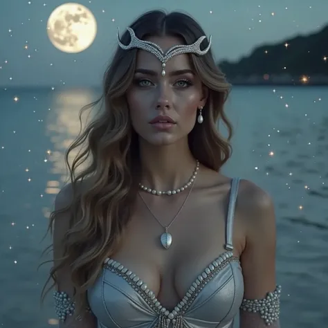 A hyperrealistic and deeply fantastical image of a woman who represents the zodiac sign of Cancer. Her hair, long and wavy, it is adorned with pearls and small seashells that reflect the moonlight. She wears a silver dress with a design reminiscent of the ...