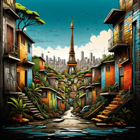 vector t-shirt art design, centered, eifell tower in the middle of a favela, brazil, afrofuturism, plants, eifell tower made of ...