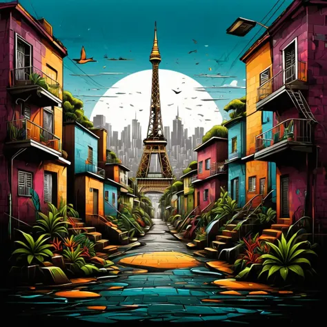 vector t-shirt art design, centered, eifell tower in the middle of a favela, brazil, afrofuturism, plants, eifell tower made of ...