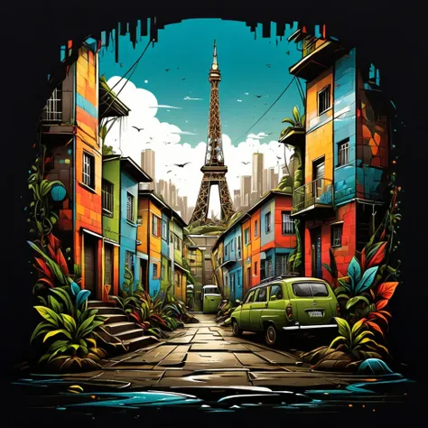 vector t-shirt art design, centered, eifell tower in the middle of a favela, brazil, afrofuturism, plants, eifell tower made of ...