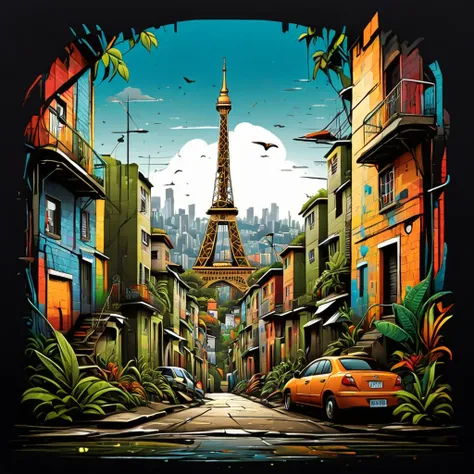 vector t-shirt art design, centered, eifell tower in the middle of a favela, brazil, afrofuturism, plants, eifell tower made of ...