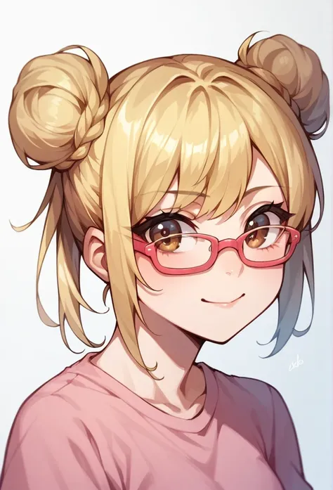 headshot, blond hair, hair in buns, pink glasses, brown eyes, pink flowery magical, pink shirt, cute