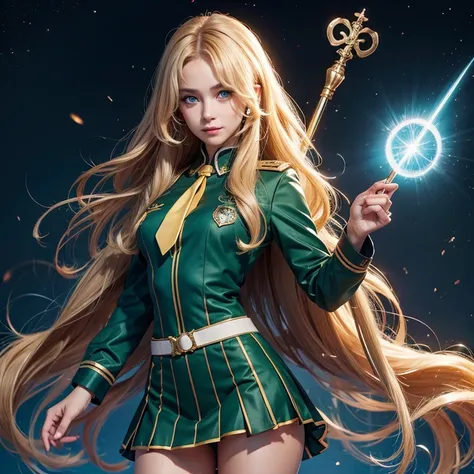 ((ultra realisitic)), ((picture-perfect)), ((face perfect)), ((ultra detaild)), ((fully body)), ((perfectbody)), a blonde girl with green eyes and long curly hair, in a seifuku uniform holding a shining magical staff