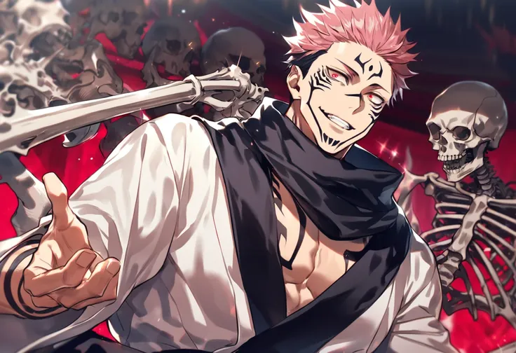 solo, jujutsu kaisen, ryoumen sukuna, handsome, manly, sexy man, expressive red eyes, pink hair, handsome smile, sadistic, black...