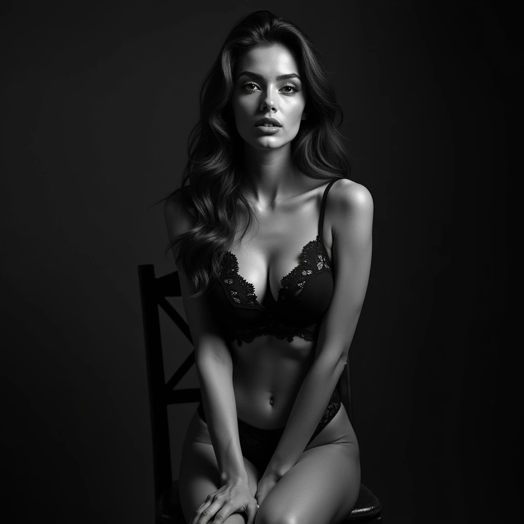 In a black and white photo shoot, a Brazilian model with long, straight brown hair sits on a chair, wearing black lingerie that highlights her curves. The lack of color emphasizes the shape of her body, creating a powerful and seductive image