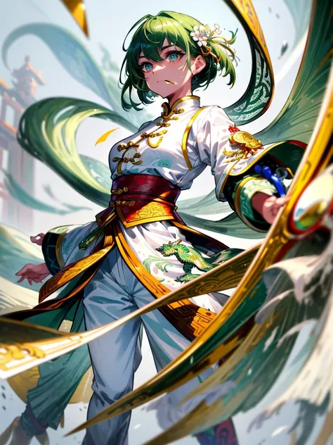 (high quality, Breathtakingly beautiful),(Expressive eyes, Perfect Face), short, young, Green Hair、髪はshort、small breast、upright stance、full body、Fighter、Male、Uniform、Chinese Knight、Chinese style、White background、No exposure、China dress、pants、band、front、Whi...